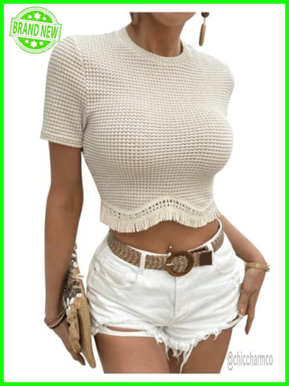 Boho Fringe Crop T Shirt Waffle Knit Short Sleeve Pullover